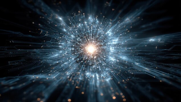 A technological nucleus with radiant light streams and exploding circuits symbolizes innovation.