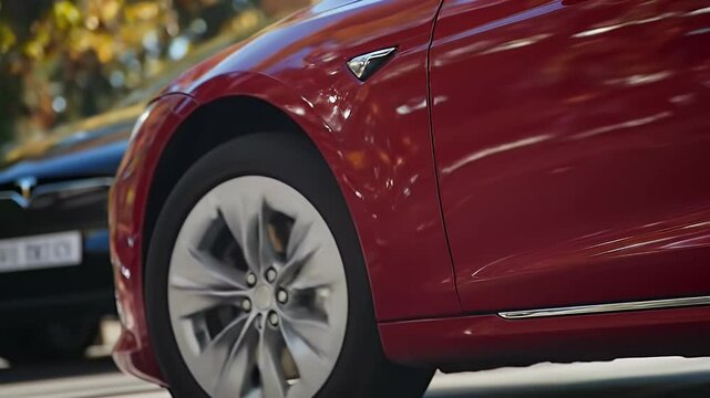 Two Cars Parked on a Street Red Sedan Close Up View With Gray Crossover Vehicle in Soft Focus Under Natural Lighting with Autumnal Trees Background