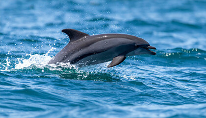 Fototapeta premium Leaping dolphin splashes through ocean waves, gray and white, with its dorsal fin visible