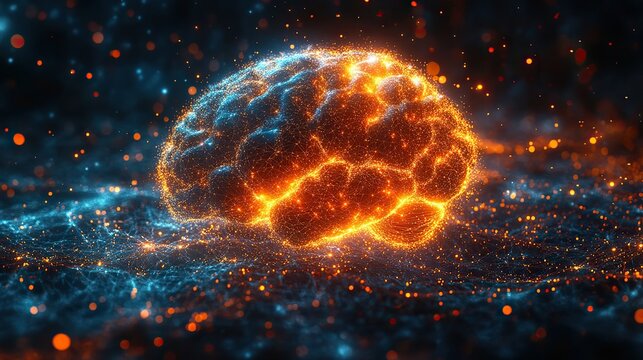 A stylized depiction of a human brain composed of interconnected nodes and lines represents intelligence, learning, and the power of thought