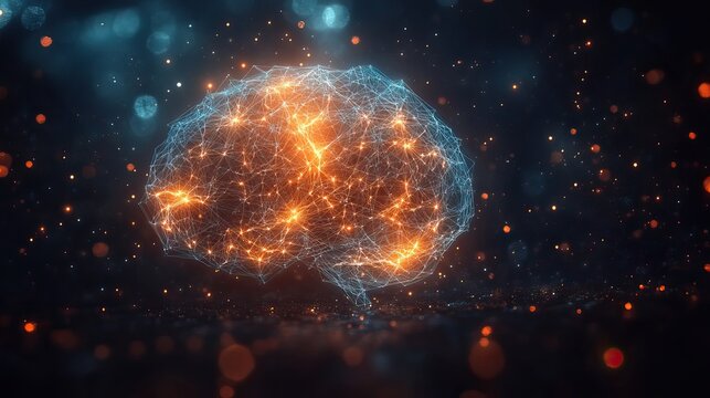 A stylized depiction of a human brain composed of interconnected nodes and lines represents intelligence, learning, and the power of thought