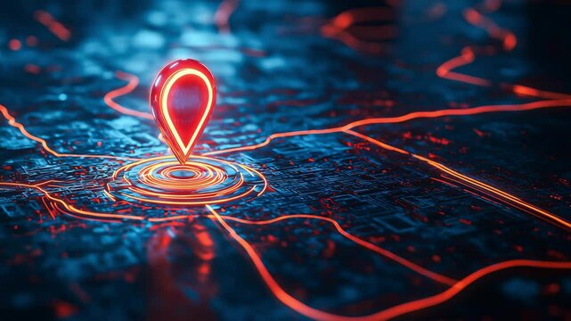 A brightly glowing location pin illuminates on map of a transportation route. Navigation, GPS tracking	