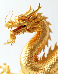 Fototapeta premium A majestic golden dragon sculpture, intricately designed with detailed scales and fierce expression, set against a simple white background