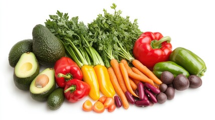 Fresh and vibrant produce like carrots, avocados, peppers, and legumes forming a colorful ring on white background