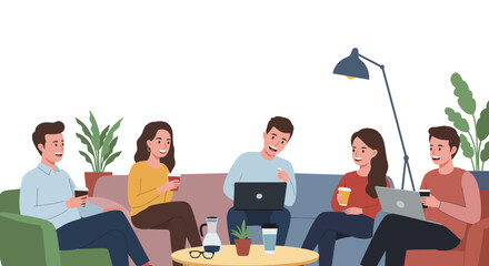 Obraz premium Smiling Couple Enjoying Coffee on a Couch