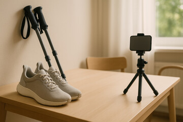 Minimal home workout vlog setup with walking poles resting near beige running shoes and smartphone tripod ready for indoor fitness recording