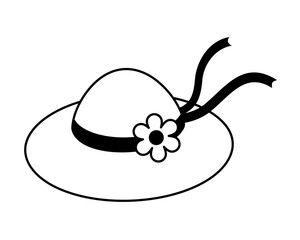 Black and white summer women's hat doodle, cute cartoon seasonal beach object. Summer hand drawn vector illustration in flat style
