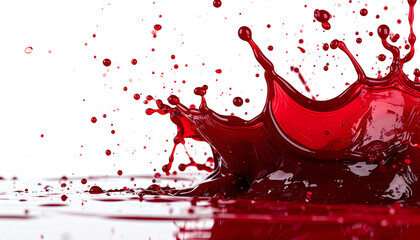 Vivid red liquid splashes dynamically against a white background, creating an artistic pattern of droplets and waves