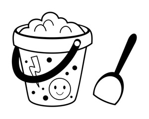 Set with kids bucket and shovel for sand, cute black and white cartoon seasonal beach object. Summer hand drawn vector illustration in flat style