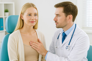 Doctor mammologist male specialist examining woman patient breast preventive healthcare consultation professional medical checkup clinic health examination