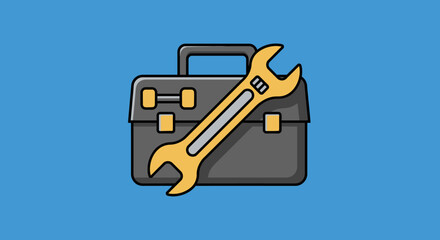 Cartoon toolbox with a yellow wrench black outline and gray body