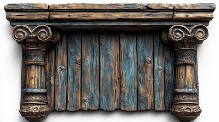 Ancient style wooden bulletin board with decorative columns and weathered finish