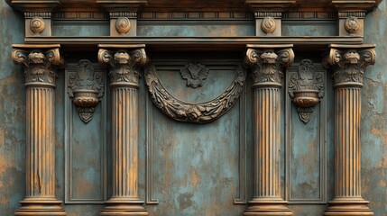 Ancient style wooden wall featuring intricate columns and decorative elements