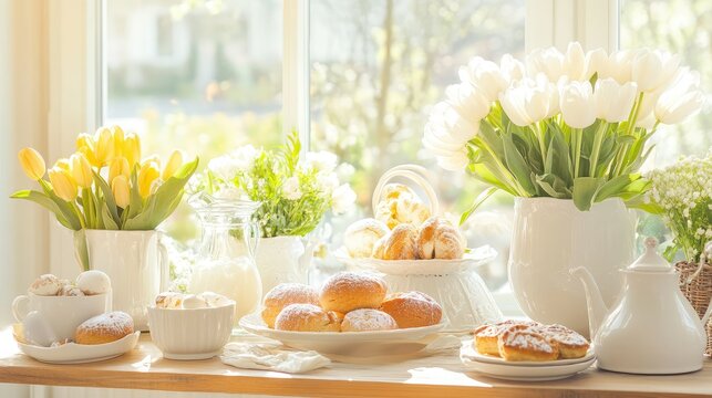 Soft morning light illuminating wooden table set for Easter with baked goods, tulips, and elegant white ceramics