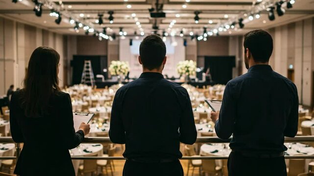 Three Professional Event Staff Members Overseeing a Well-Prepared Banquet Hall, Engaged in Coordination Tasks for an Upcoming Formal Gathering