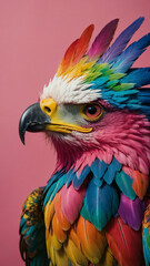 Obraz premium Vibrant eagle with multicolored feathers and fierce gaze on pink background, perfect for wildlife and creative projects