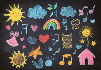 neon chalk doodle drawings of kids icons like rainbows, hearts, suns, cats, and toys on black background