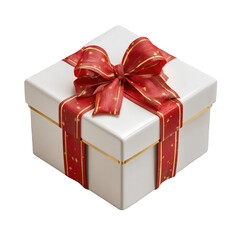 Elegant white gift box with a red ribbon bow festive present joy gold card on transparent background