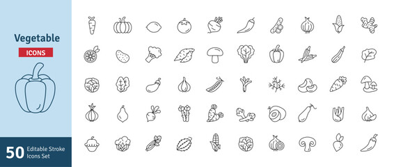 Vegetables Icons Set. Healthy Eating, Vegan Food, Weight Loss, Organic Food, Carrot, Lemon, Tomato, Chili, Cucumber, Potato Icons Editable Stroke Vector Illustration