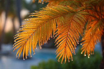 Dew drops cling to golden fronds, reflecting light near the pool at twilight