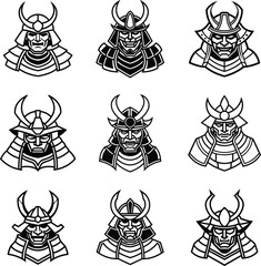 Samurai Warrior Head Vector Icons. Japanese Armor Helmet Line Art Set