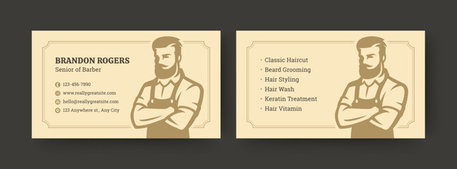 A classic vintage barber business card template showcasing a retro logo and key contact details for professional branding. Ideal for barbershop promotion, print materials and personal styling services