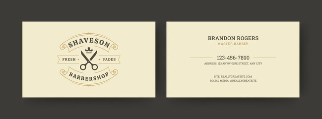 Minimalist cream-colored barber business card featuring vintage scissors emblem, elegant serif font, and centered contact layout for professional use and branding. Vector illustration
