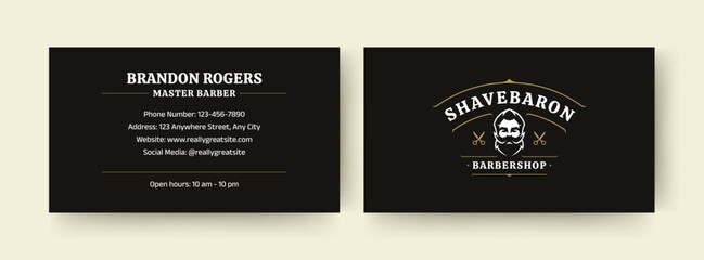Modern black and gold barbershop business card design featuring a stylish logo with a vintage barber illustration, contact details, and open hours. Perfect for personal or corporate use