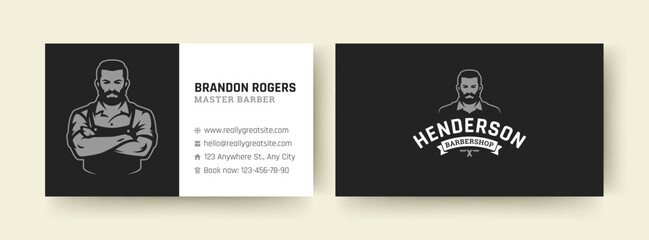 Professional branding template for barbershop services. Includes business card and logo design. Ideal for personal and corporate use. Vector illustration