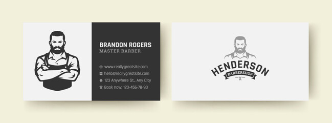 Elegant black and white barber business card with vintage male figure logo, bold font, and organized contact information layout. Suitable for branding and personal promotion. Vector illustration
