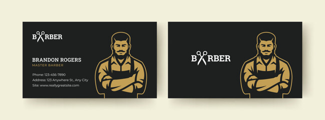 Modern black and gold business card featuring a retro barber illustration, logo, and contact information. Perfect for barbershop branding and professional services. Vector illustration