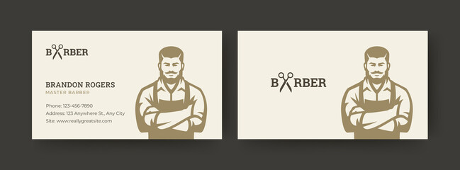 Elegant barber business card with a strong masculine character, bold typography logo using scissors icon, and organized contact layout on a clean cream background. Vector illustration