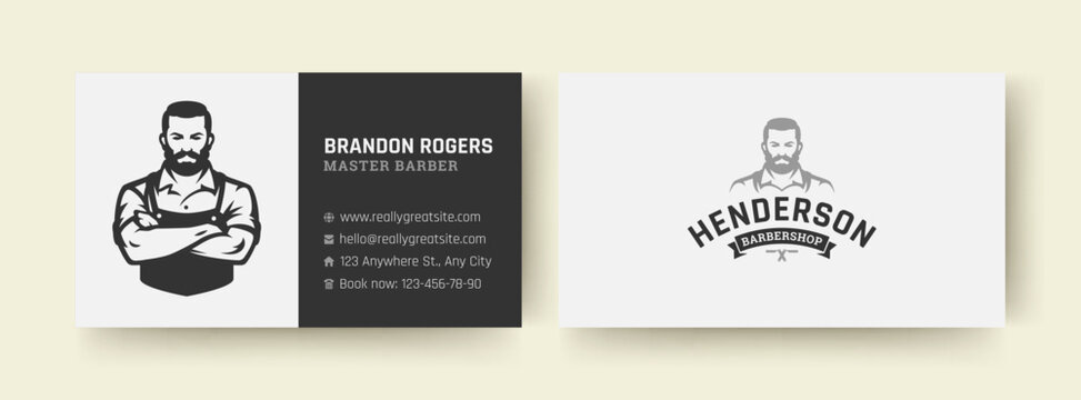 Elegant black and white barber business card with vintage male figure logo, bold font, and organized contact information layout. Suitable for branding and personal promotion. Vector illustration