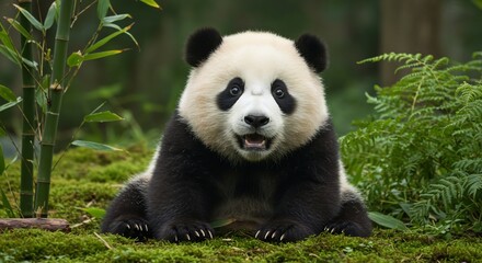 Naklejka premium 緑葉の中穏やか微笑むパンダ 優しい光. AI Generated