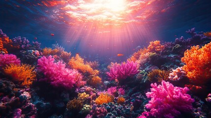 Fototapeta premium A vibrant and colorful coral reef at sunset, with the warm light illuminating the diverse marine life and the intricate coral formations