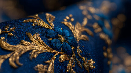 Elegant Blue Fabric Adorned with Golden Floral Embroidery, Luxurious Texture