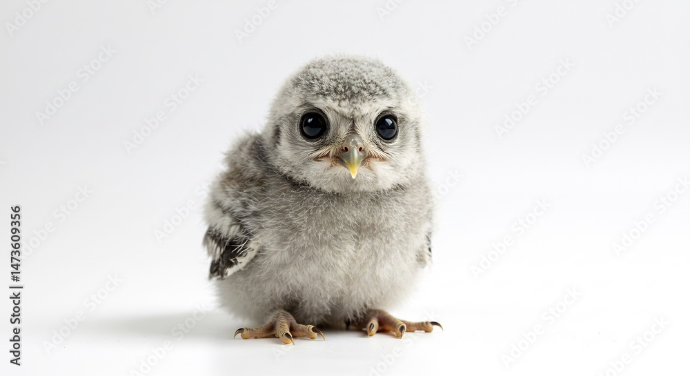 Fototapete ふわふわ赤ちゃん梟 白い背景で大きく可愛い瞳 this translates roughly to: 