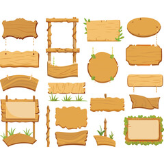 Cartoon wooden signs vector rustic nature game assets