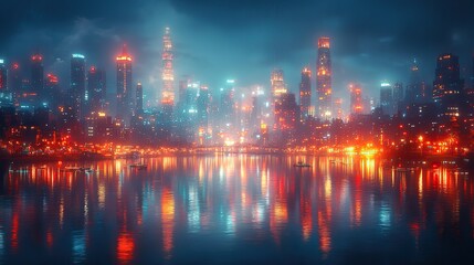 Fototapeta premium A vibrant cityscape at night with countless twinkling lights illuminating the towering buildings, reflecting on a calm river flowing through the city