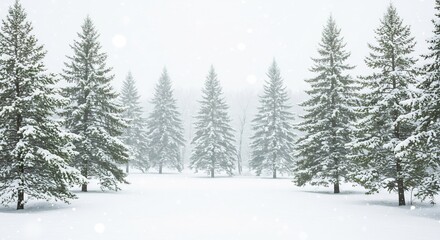 Naklejka premium 静寂な雪景色 白い森 優しく降る雪. AI Generated