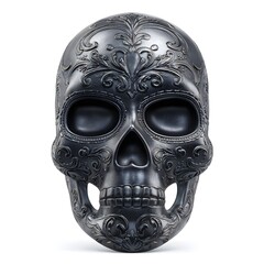Bold Metallic Jet Black 3D Sugar Skull Mask Featuring Matte Finish And Intricate Artistic Craftsmanship