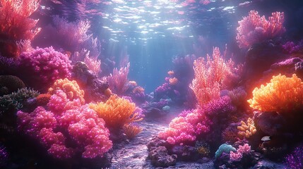Naklejka premium A vibrant coral reef at night comes alive with bioluminescent organisms, creating a magical underwater spectacle of glowing lights and shimmering forms