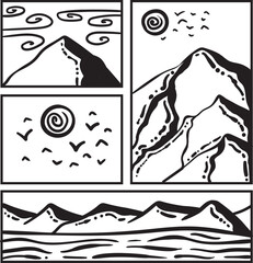Simple Mountaint icon landscape illustration with comic style and vector flat design style set for logo or template - black and white color