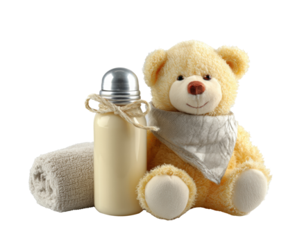 Cute teddy bear with a thermos and blanket for kids, cut out