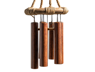 Wooden wind chimes hanging in natural light for home decor, cut out