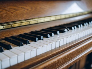 Close-up of a piano keyboard with polished wooden finish and classic black and white keys.