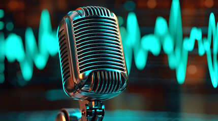 Classic microphone with glowing teal sound waves in the background.