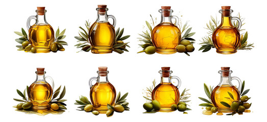 Collection of Olive Oil Bottles with Green Leafy Decorations, Isolated on Transparent, white background