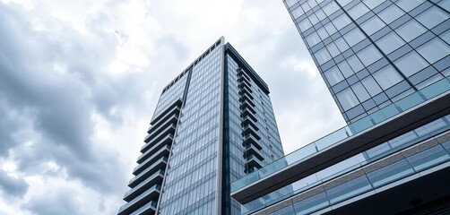 Obraz premium Sleek, modern high-rise building with a balcony, set against a cloudy sky, highrise, clouds