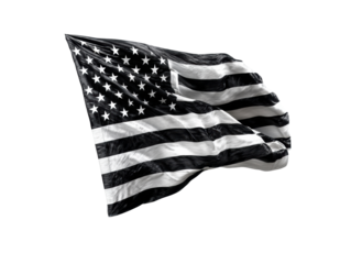 Black and white American flag waving in the wind for decor, cut out
